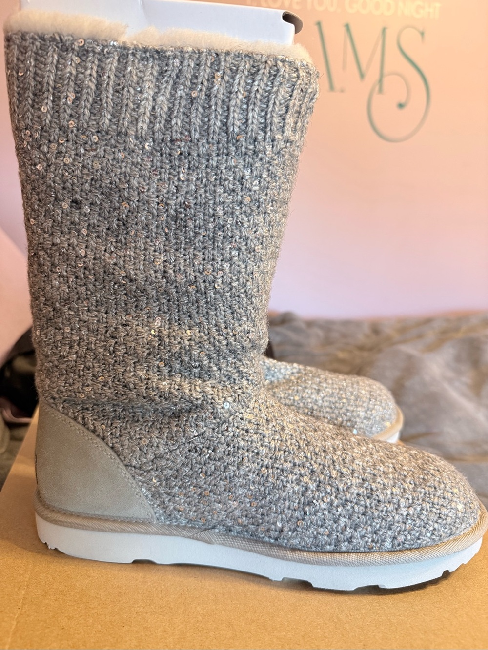 New* UGG Light Gray Sequin Knit Mid-Calf Winter Boots size 6